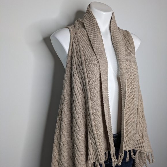 Matilda Jane tan cable knit fringe open cardigan sweater S - Picture 3 of 9